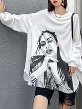 Printed Slit Design Loose Long Sleeve T-Shirt